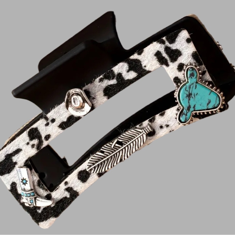 Cow Print Textured Cowhide Black and White Hair Clip with Turquoise Accents